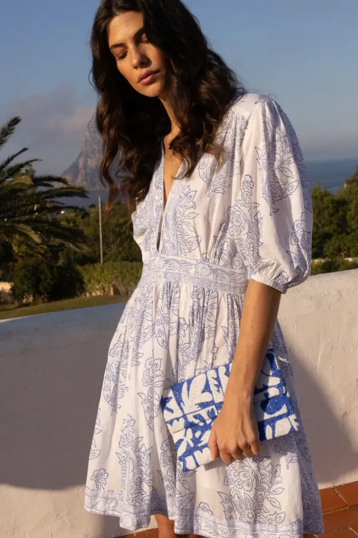 Discount V-Neck Puff Mini- Amadora Blue Short & Mini Dresses|Dresses