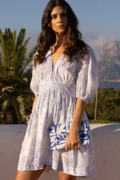Discount V-Neck Puff Mini- Amadora Blue Short & Mini Dresses|Dresses