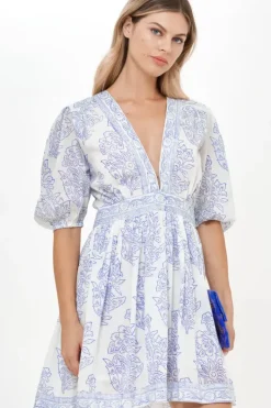 Discount V-Neck Puff Mini- Amadora Blue Short & Mini Dresses|Dresses