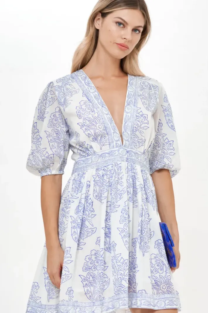 Discount V-Neck Puff Mini- Amadora Blue Short & Mini Dresses|Dresses