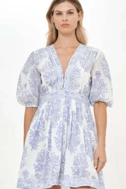 Discount V-Neck Puff Mini- Amadora Blue Short & Mini Dresses|Dresses