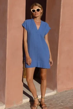 Online V-Neck Roll Sleeve Mini- Bermuda Blue Short & Mini Dresses|Dresses