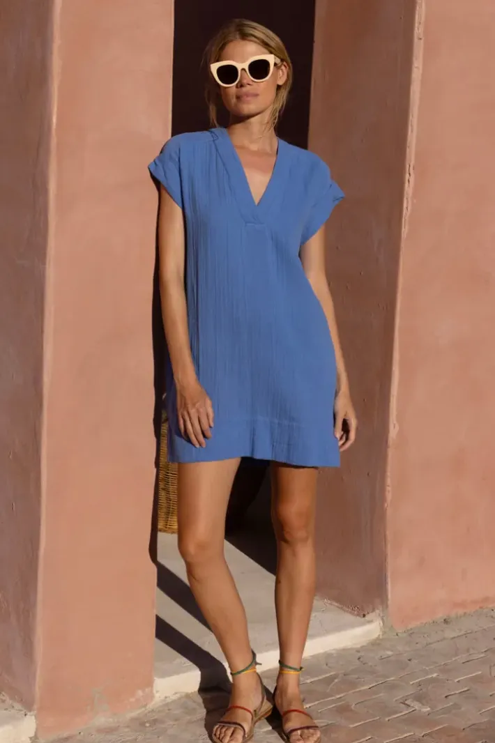 Online V-Neck Roll Sleeve Mini- Bermuda Blue Short & Mini Dresses|Dresses