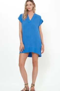 Online V-Neck Roll Sleeve Mini- Bermuda Blue Short & Mini Dresses|Dresses