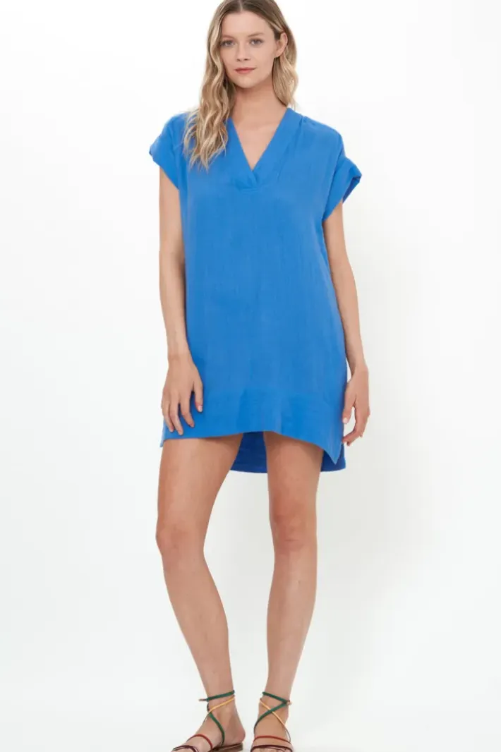 Online V-Neck Roll Sleeve Mini- Bermuda Blue Short & Mini Dresses|Dresses