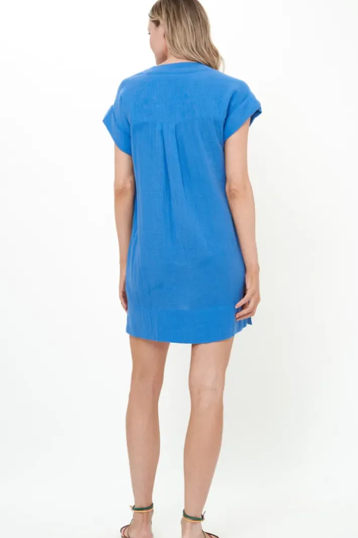 Online V-Neck Roll Sleeve Mini- Bermuda Blue Short & Mini Dresses|Dresses